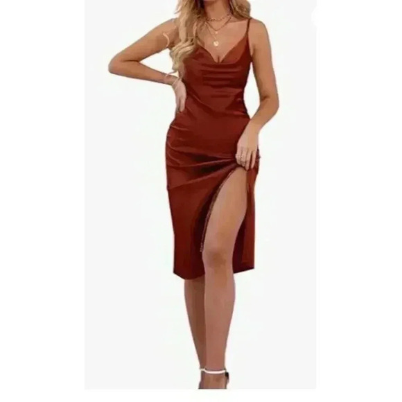 Womens Satin Drape Cowl Neck Sleeveless Strappy Cami Split Slit Party Midi Dress - Picture 1 of 16